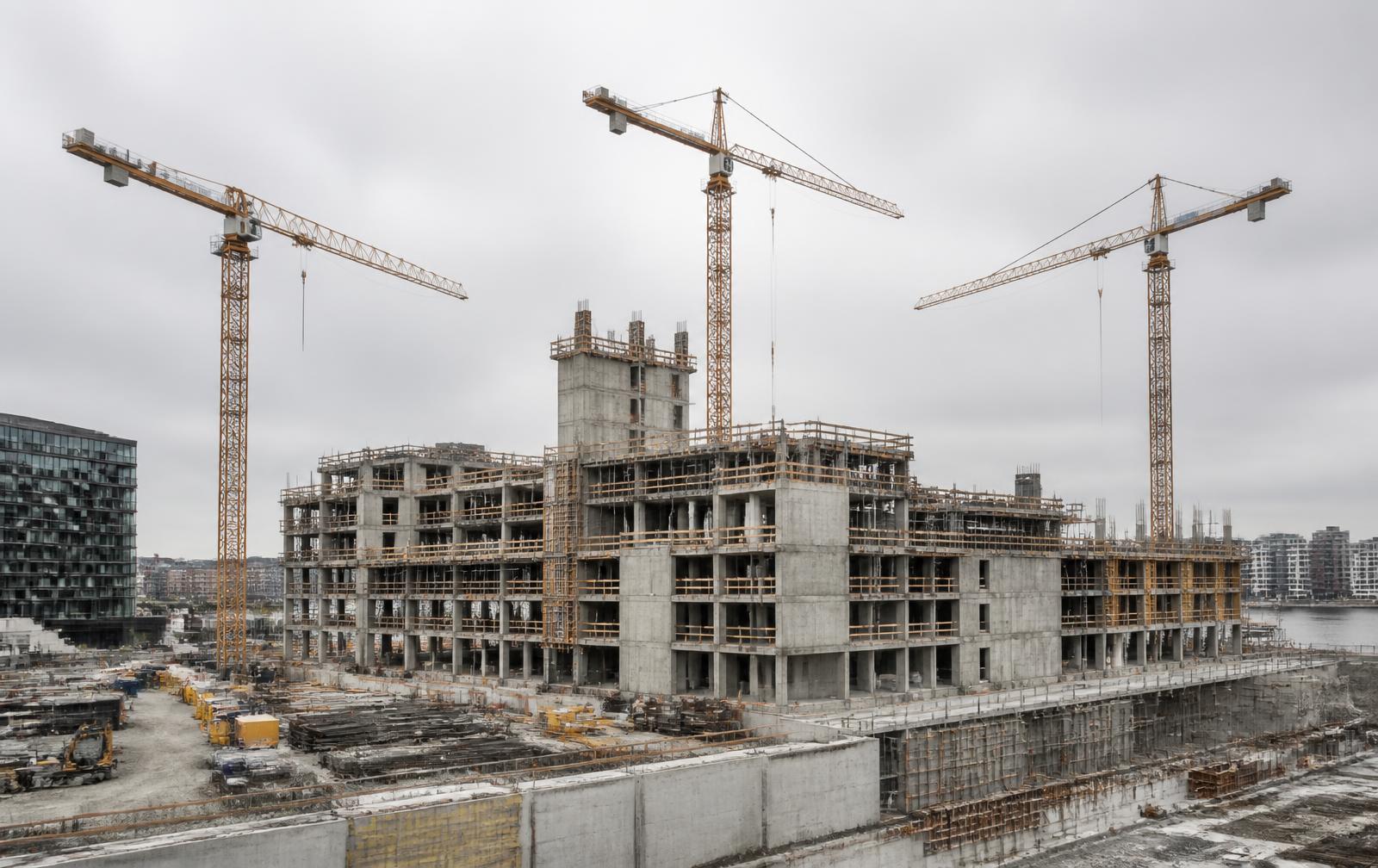 Stort byggprojekt med tre tornkranar över en betongstomme under uppförande